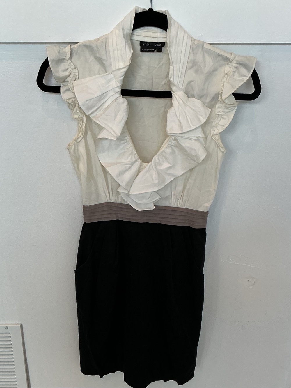 Max & Cleo Cream and Black Ruffled V-Neck Mini Dress